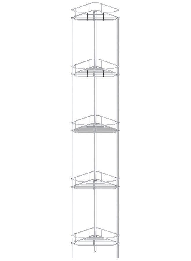 HuggieGems 5 Tier Floor Standing Corner Shower Caddy Organizer Shelf with Hooks, Bathroom Shelves Stand Rack, Silver - Image 1
